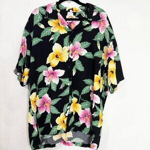Vintage Pineapple‎ Juice Black Floral Hawaiian Shirt Size XL